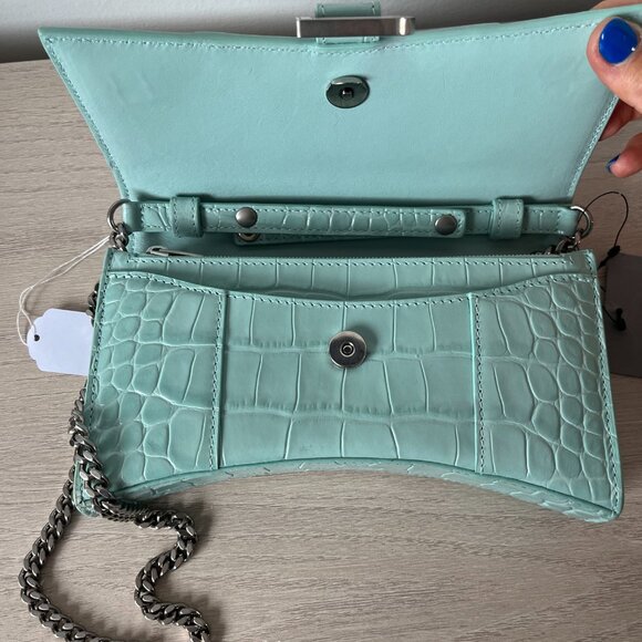 NWT Balenciaga Wallet On Chain Green Acqua Shiny Croc Embossed Leather - Picture 6 of 11